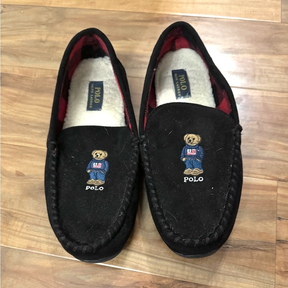 Polo Ralph Lauren Men’s Declan Bear Microsuede Slippers Black 10 Fleece Lined - Picture 2 of 7